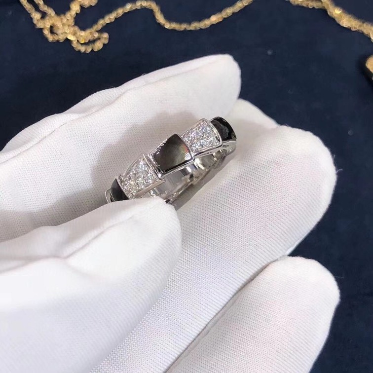 Bvlgari Serpenti White Gold Gray Mother Of Pearl And Pave Diamonds Viper Band Ring
