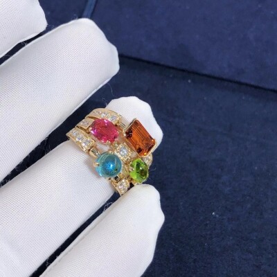 Inspired 18kt Gold Bvlgari Allegra Three Band Multi Colored Gemstone And Diamond Ring