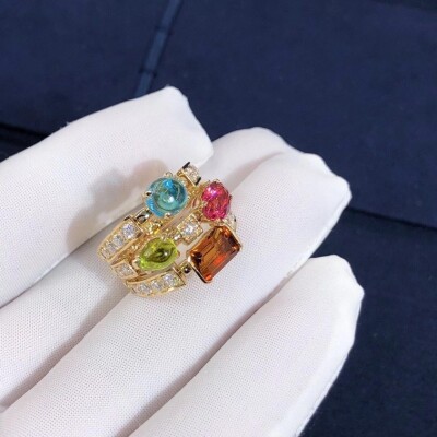 Inspired 18kt Gold Bvlgari Allegra Three Band Multi Colored Gemstone And Diamond Ring