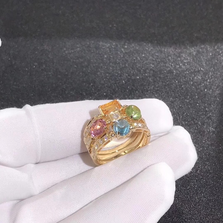 Inspired 18kt Gold Bvlgari Allegra Three Band Multi Colored Gemstone And Diamond Ring