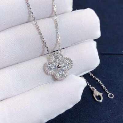 Custom Van Cleef Arpels Vintage Alhambra Pendant In 18k White Gold With Pave Diamonds