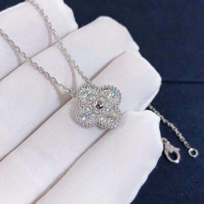 Custom Van Cleef Arpels Vintage Alhambra Pendant In 18k White Gold With Pave Diamonds
