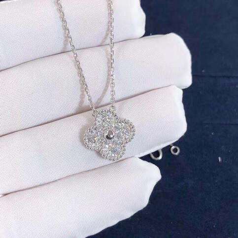 Custom Van Cleef Arpels Vintage Alhambra Pendant In 18k White Gold With Pave Diamonds