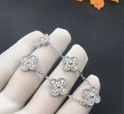 Van Cleef Arpels 18k White Gold Diamond 5 Motifs Vintage Alhambra Bracelet