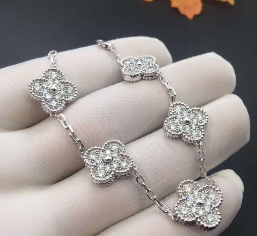 Van Cleef Arpels 18k White Gold Diamond 5 Motifs Vintage Alhambra Bracelet