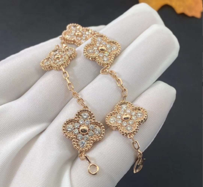 Van Cleef Arpels 18k Yellow Gold 5 Motifs Vintage Alhambra Diamond Bracelet