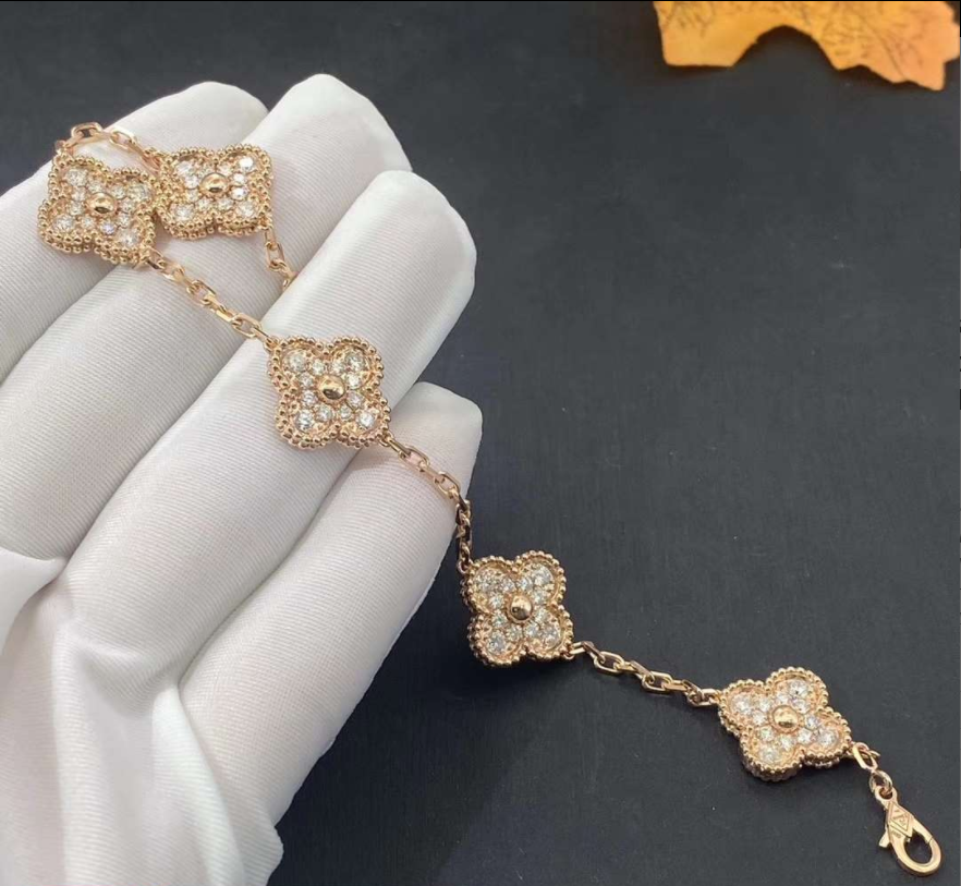 Van Cleef Arpels 18k Yellow Gold 5 Motifs Vintage Alhambra Diamond Bracelet