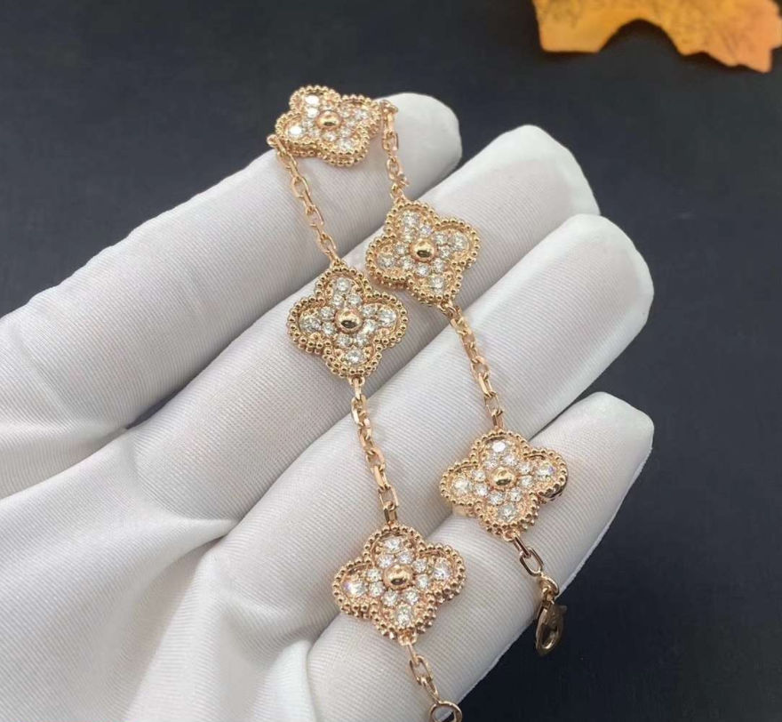 Van Cleef Arpels 18k Yellow Gold 5 Motifs Vintage Alhambra Diamond Bracelet