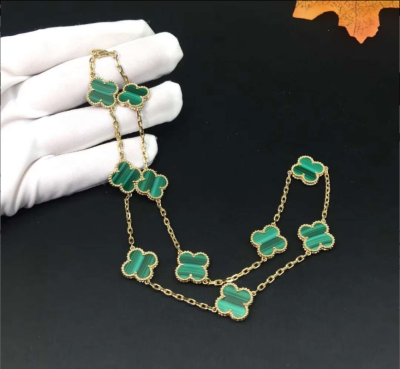 Van Cleef Arpels 18k Yellow Gold Vintage Alhambra Malachite 10 Motif Necklace