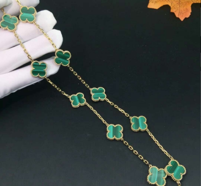 Van Cleef Arpels 18k Yellow Gold Vintage Alhambra Malachite 10 Motif Necklace