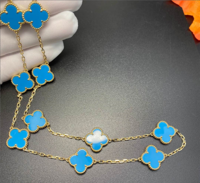 Van Cleef Arpels 18k Yellow Gold Vintage Alhambra Necklace 10 Motifs Turquoise