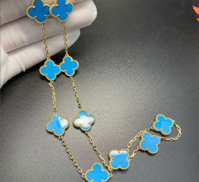 Van Cleef Arpels 18k Yellow Gold Vintage Alhambra Necklace 10 Motifs Turquoise