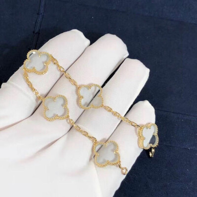 Van Cleef Arpels 18k Yellow Gold Vintage Alhambra Rock Crystal 5 Motifs Bracelet