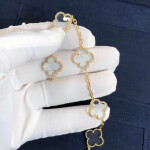 Van Cleef Arpels 18k Yellow Gold Vintage Alhambra Rock Crystal 5 Motifs Bracelet