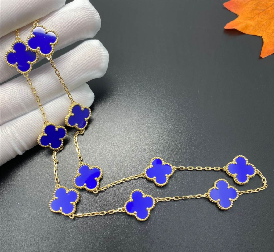 Van Cleef Arpels Vintage Alhambra 10 Motif Lapis Lazuli 18k Yellow Gold Necklace