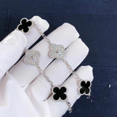 Van Cleef Arpels Vintage Alhambra Bracelet 5 Motifs 18k White Gold With Diamonds Onyx