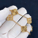Van Cleef Arpels Vintage Alhambra Bracelet 5 Motifs Guilloche Yellow Gold Round Diamonds