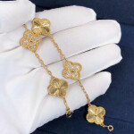 Van Cleef Arpels Vintage Alhambra Bracelet 5 Motifs Guilloche Yellow Gold Round Diamonds