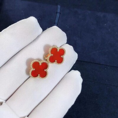Van Cleef Arpels Vintage Alhambra Carnelian 18k Yellow Gold Earrings