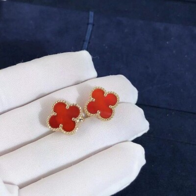 Van Cleef Arpels Vintage Alhambra Carnelian 18k Yellow Gold Earrings