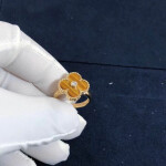 Van Cleef Arpels Vintage Alhambra Diamond Tiger Eye 18k Yellow Gold Ring