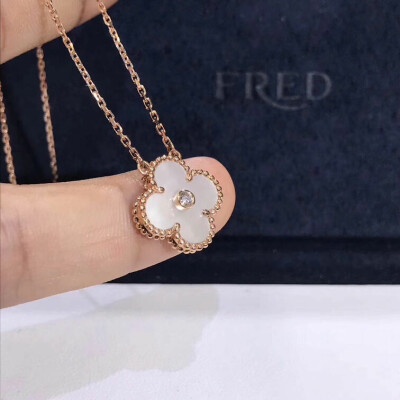 Vca 18k Rose Gold Vintage Alhambra Diamond White Mother Of Pearl Pendant Necklace