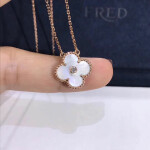 Vca 18k Rose Gold Vintage Alhambra Diamond White Mother Of Pearl Pendant Necklace